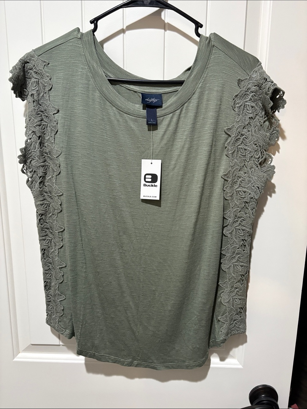 Daytrip Sage Green Lace-Trim Flutter Sleeve Tee